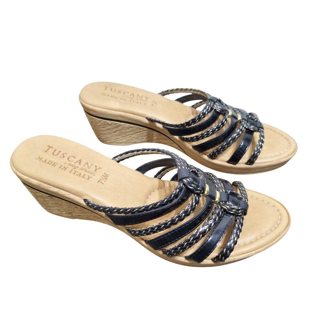 Tuscany by Easy Street Womens 7.5M Black Braided Multi Strap Wedge Sandals Italy